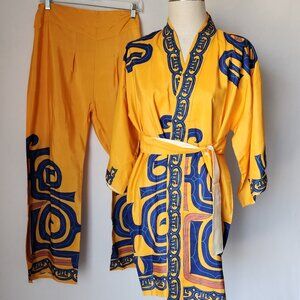 Japanese 100% Silk 2 Piece Kimono Robe + Pants Belt Yellow Made in Japan
